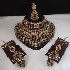 Red and Maroon color Bridal Jewelry in Metal Alloy studded with CZ Diamond & Gold Rodium Polish : 1954920