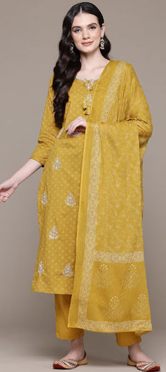 Festive, Party Wear, Summer Gold color Salwar Kameez in Cotton fabric with Straight Printed, Resham, Thread work : 1954993