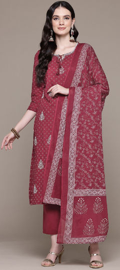 Festive, Party Wear, Summer Red and Maroon color Salwar Kameez in Cotton fabric with Straight Printed, Resham, Thread work : 1954995