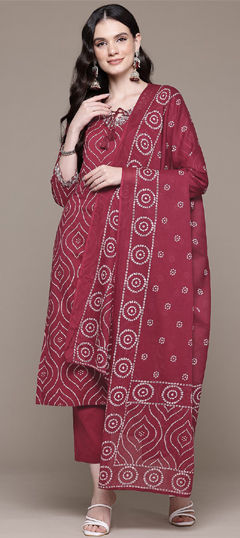 Red and Maroon color Salwar Kameez in Cotton fabric with Bandhej, Embroidered, Mirror, Printed work