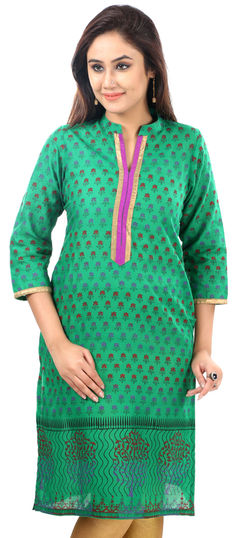 Green color Kurti in Cotton fabric with Printed work