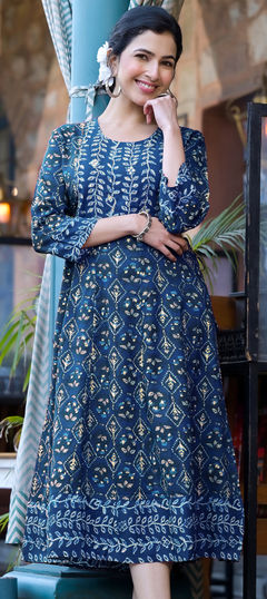 Blue color Kurti in Rayon fabric with Mirror, Printed work