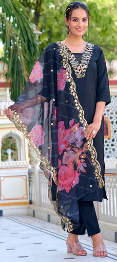 Black and Grey color Salwar Kameez in Chanderi Silk fabric with Embroidered, Printed work