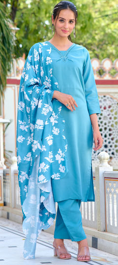 Blue color Salwar Kameez in Chanderi Silk fabric with Embroidered, Printed work