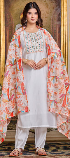 White and Off White color Salwar Kameez in Chanderi Silk fabric with Embroidered, Printed work