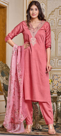 Pink and Majenta color Salwar Kameez in Chanderi Silk fabric with Embroidered, Printed work