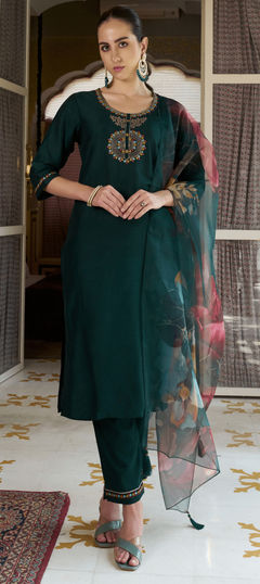 Green color Salwar Kameez in Silk cotton fabric with Embroidered, Sequence, Thread work