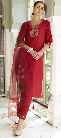 Red and Maroon color Salwar Kameez in Silk cotton fabric with Embroidered, Sequence, Thread work