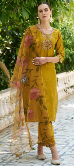 Yellow color Salwar Kameez in Silk cotton fabric with Embroidered, Sequence, Thread work