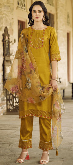 Yellow color Salwar Kameez in Silk cotton fabric with Embroidered, Sequence, Thread work