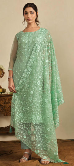 Green color Salwar Kameez in Organza Silk fabric with Embroidered, Resham, Thread work