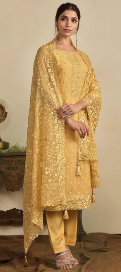 Yellow color Salwar Kameez in Organza Silk fabric with Embroidered, Resham, Thread work