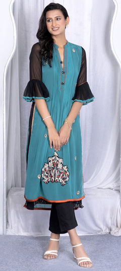 Green color Salwar Kameez in Faux Georgette fabric with Embroidered, Pleats, Thread, Zircon work