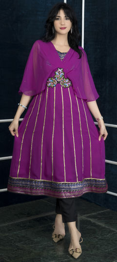 Pink and Majenta color Salwar Kameez in Faux Georgette fabric with Embroidered, Resham, Stone, Thread work