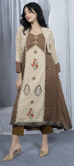 Beige and Brown color Salwar Kameez in Handloom fabric with Embroidered, Resham, Stone, Thread work