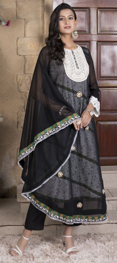 Black and Grey color Salwar Kameez in Faux Georgette fabric with Embroidered, Resham, Stone, Thread work