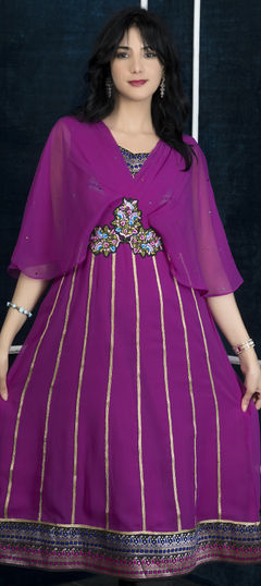 Pink and Majenta color Kurti in Faux Georgette fabric with Embroidered, Resham, Stone, Thread work