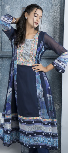 Blue color Kurti in Faux Georgette fabric with Embroidered, Resham, Stone, Thread work