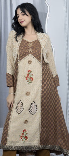 Beige and Brown color Kurti in Handloom fabric with Embroidered, Resham, Stone, Thread work