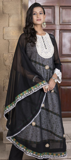 Black and Grey color Kurti in Faux Georgette fabric with Embroidered, Resham, Stone, Thread work