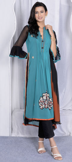 Green color Salwar Kameez in Faux Georgette fabric with Embroidered, Pleats, Thread, Zircon work