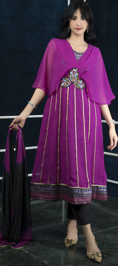 Pink and Majenta color Salwar Kameez in Faux Georgette fabric with Embroidered, Resham, Stone, Thread work