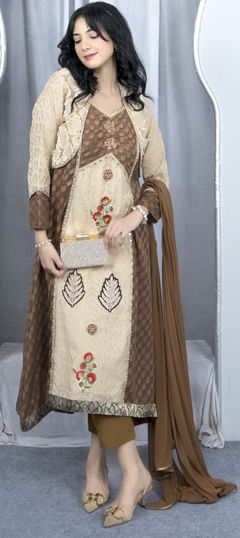 Beige and Brown color Salwar Kameez in Handloom fabric with Embroidered, Resham, Stone, Thread work