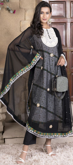 Black and Grey color Salwar Kameez in Faux Georgette fabric with Embroidered, Resham, Stone, Thread work