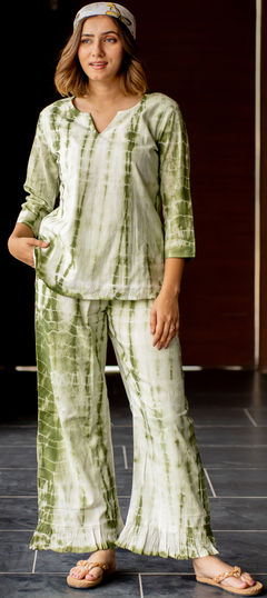 Green, White and Off White color Co-ords Set in Cotton fabric with Printed, Tye n Dye work