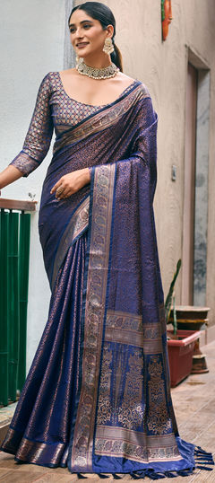 Party Wear, Traditional Blue color Saree in Kanjeevaram Silk fabric with South Weaving, Zari work : 1955219