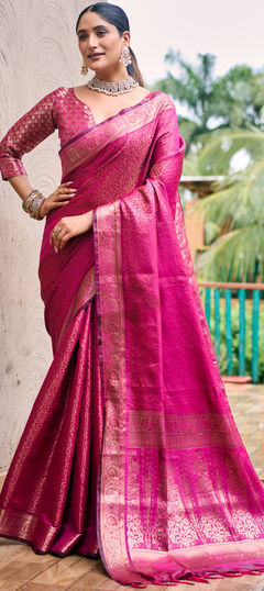 Party Wear, Traditional Pink and Majenta color Saree in Kanjeevaram Silk fabric with South Weaving, Zari work : 1955225