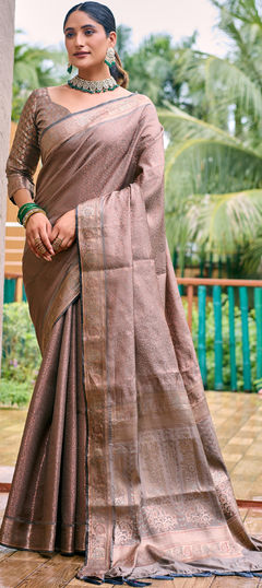 Party Wear, Traditional Black and Grey color Saree in Kanjeevaram Silk fabric with South Weaving, Zari work : 1955232