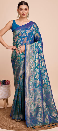 Blue color Saree in Handloom fabric with Weaving work