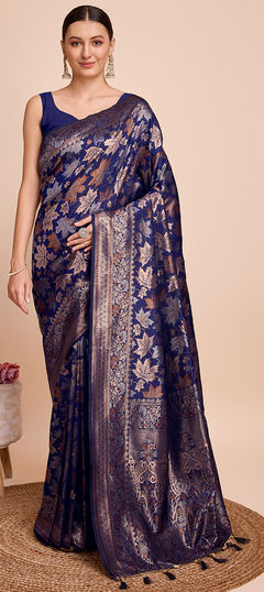 Festive, Traditional Blue color Saree in Handloom fabric with Bengali Weaving work : 1955251