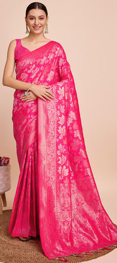 Festive, Traditional Pink and Majenta color Saree in Handloom fabric with Bengali Weaving work : 1955252