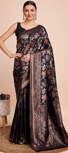 Festive, Traditional Black and Grey color Saree in Handloom fabric with Bengali Weaving work : 1955256