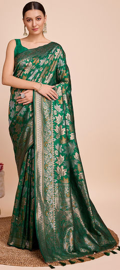 Festive, Traditional Green color Saree in Handloom fabric with Bengali Weaving work : 1955257