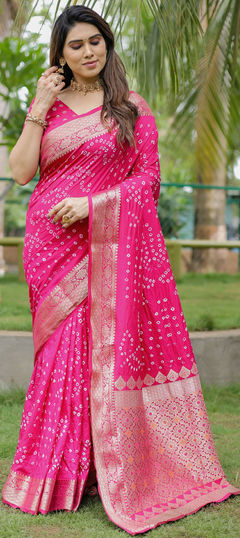 Pink and Majenta color Saree in Art Silk fabric with Bandhej, Printed, Weaving work