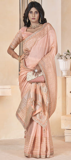 Pink and Majenta color Saree in Linen fabric with Gota Patti, Sequence, Thread work