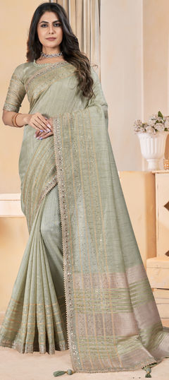 Traditional, Wedding Green color Saree in Linen fabric with Bengali Gota Patti, Sequence, Thread work : 1955285