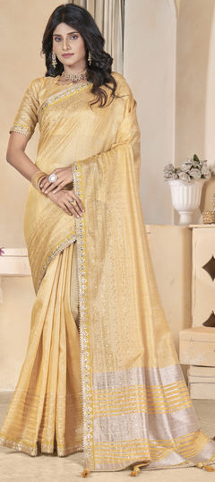 Traditional, Wedding Beige and Brown color Saree in Linen fabric with Bengali Gota Patti, Sequence, Thread work : 1955286