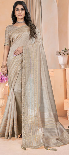 Black and Grey color Saree in Linen fabric with Gota Patti, Sequence, Thread work