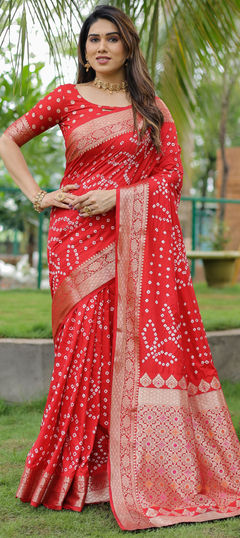 Red and Maroon color Saree in Art Silk fabric with Bandhej, Printed, Weaving work