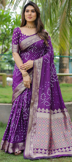 Purple and Violet color Saree in Art Silk fabric with Bandhej, Printed, Weaving work