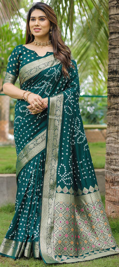 Green color Saree in Art Silk fabric with Bandhej, Printed, Weaving work