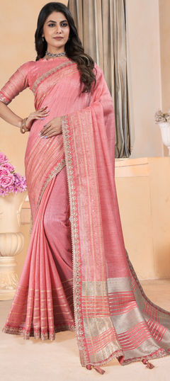 Traditional, Wedding Pink and Majenta color Saree in Linen fabric with Bengali Gota Patti, Sequence, Thread work : 1955295