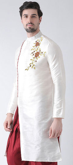 White and Off White color Kurta in Dupion Silk fabric with Embroidered, Thread work