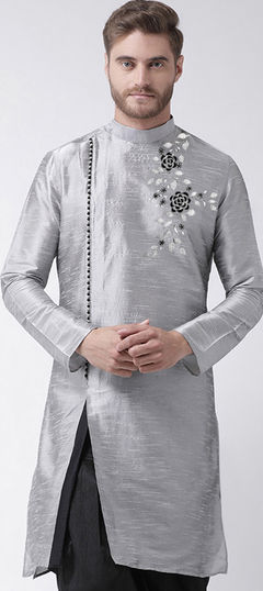 Black and Grey color Kurta in Dupion Silk fabric with Embroidered, Thread work