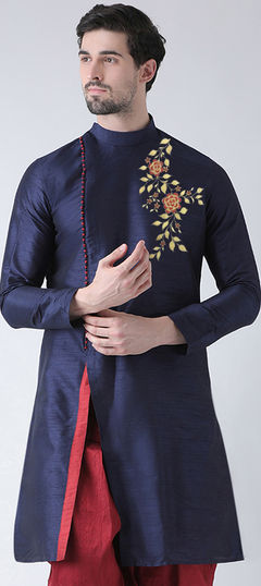 Blue color Kurta in Dupion Silk fabric with Embroidered, Thread work