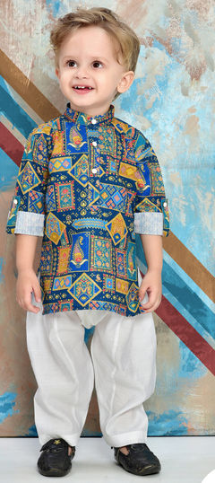 Party Wear Blue color Boys Kurta Pyjama in Cotton fabric with Printed work : 1955317